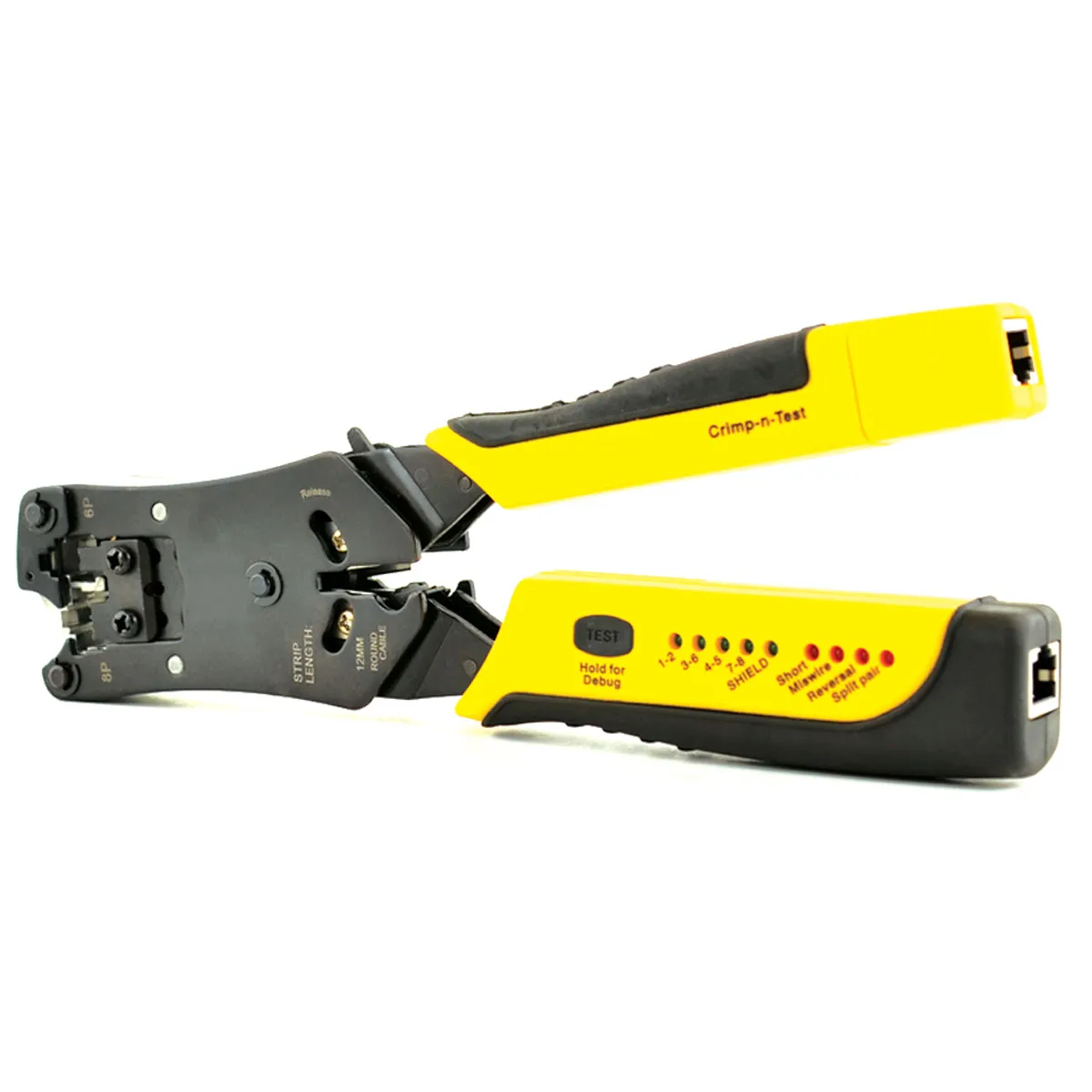 Alicate crimpador com testador integrado para montagem e verificação de cabos de rede RJ45 e RJ11 – ideal para instalações elétricas e de telecom