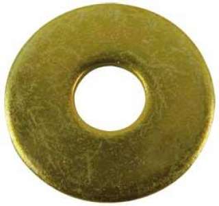 Arruela aba larga DIN 9021 bicromatizada, peça metálica com revestimento protetor contra corrosão, usada para distribuir carga e aumentar a área de contato em fixações.