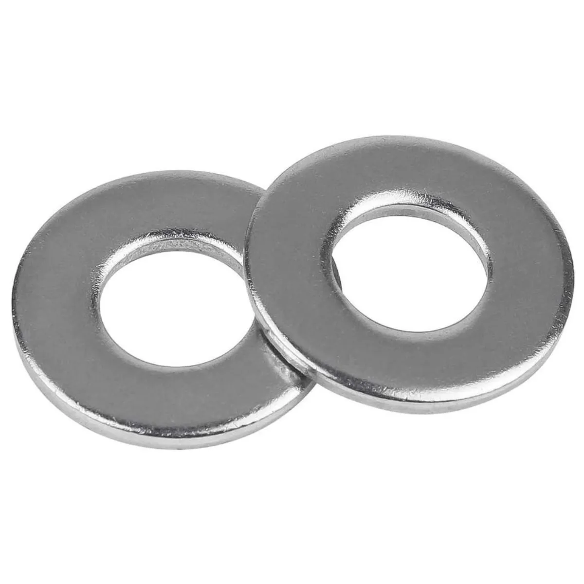 Arruela lisa DIN 125 em aço inox, resistente à corrosão, usada para distribuição de carga em fixações com parafusos e porcas, ideal para aplicações industriais e ambientes agressivos.