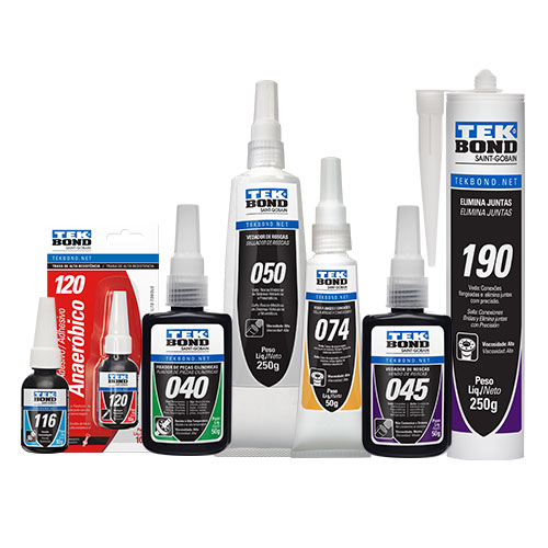 Diversos tipos de colas e adesivos industriais, como epóxi, trava-parafuso, silicone e cola instantânea, ideais para fixação e manutenção técnica.
