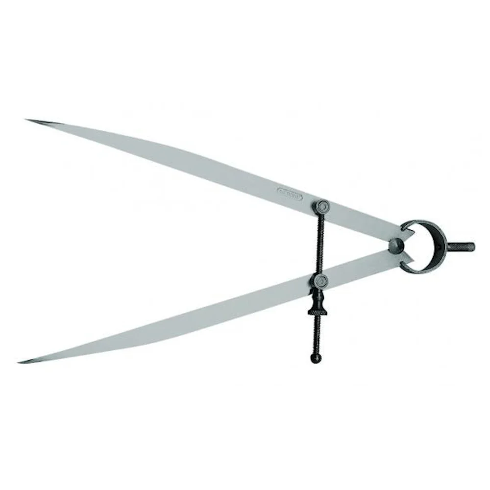 Compasso industrial metálico, ferramenta de precisão para traçar círculos e medir distâncias em trabalhos técnicos e industriais.