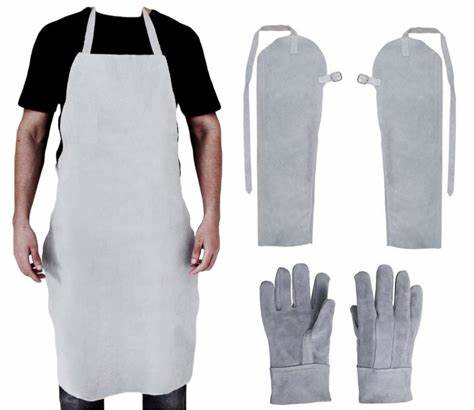 Equipamentos de raspa incluindo avental, luva e mangote para proteção industrial contra cortes e abrasão