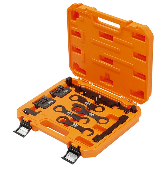 Conjunto de ferramentas manuais de sincronismo automotivo, usadas para ajustar e alinhar o sincronismo do motor em serviços mecânicos profissionais.