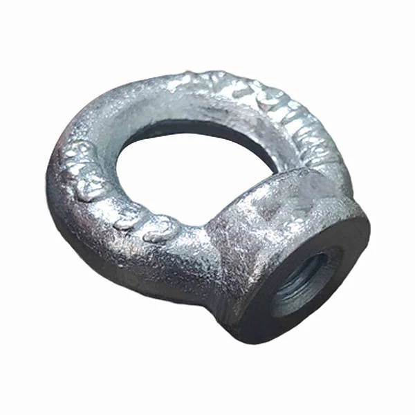 Porca olhal metálica resistente, usada para fixação segura em cabos, correntes e estruturas, ideal para aplicações industriais e construção civil.