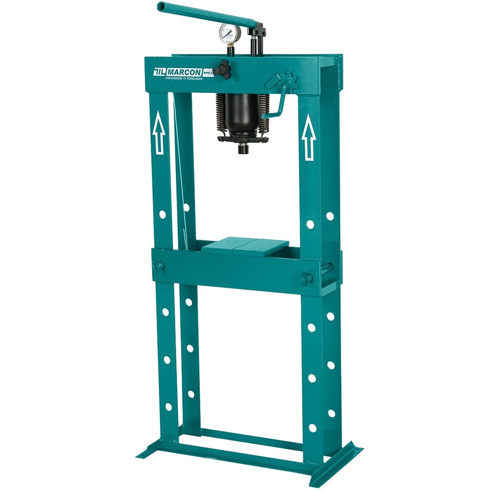 Prensa hidráulica resistente para uso em oficinas e indústrias, ideal para montagem, desmontagem e conformação de peças com alta precisão.