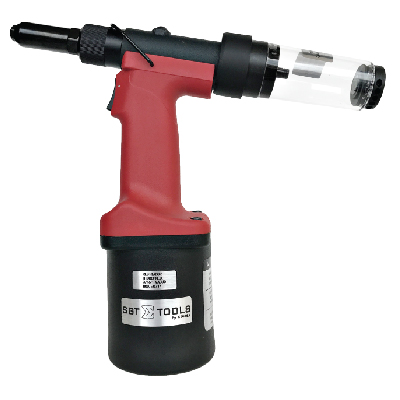 Rebitadeira de repuxo pneumática com compartimento de armazenamento integrado, ferramenta profissional para fixação rápida e prática de rebites em chapas metálicas.