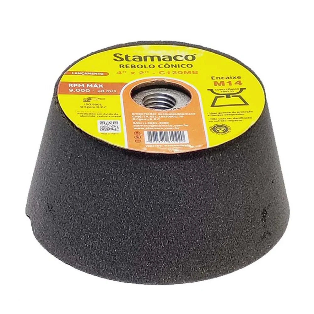 Rebolos cônicos abrasivo, ideal para afiação, desbaste e acabamento em metais, utilizado em esmeris e máquinas industriais.