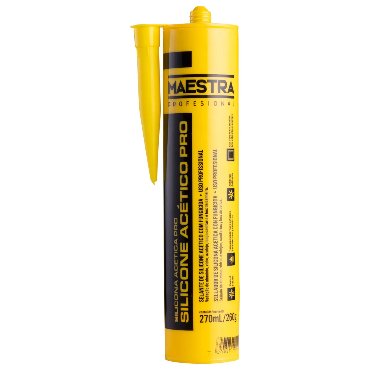 Silicone acético Maestra, selante e vedante para uso em construção e reparos, ideal para vedação de juntas, infiltrações e isolamento com alta aderência.