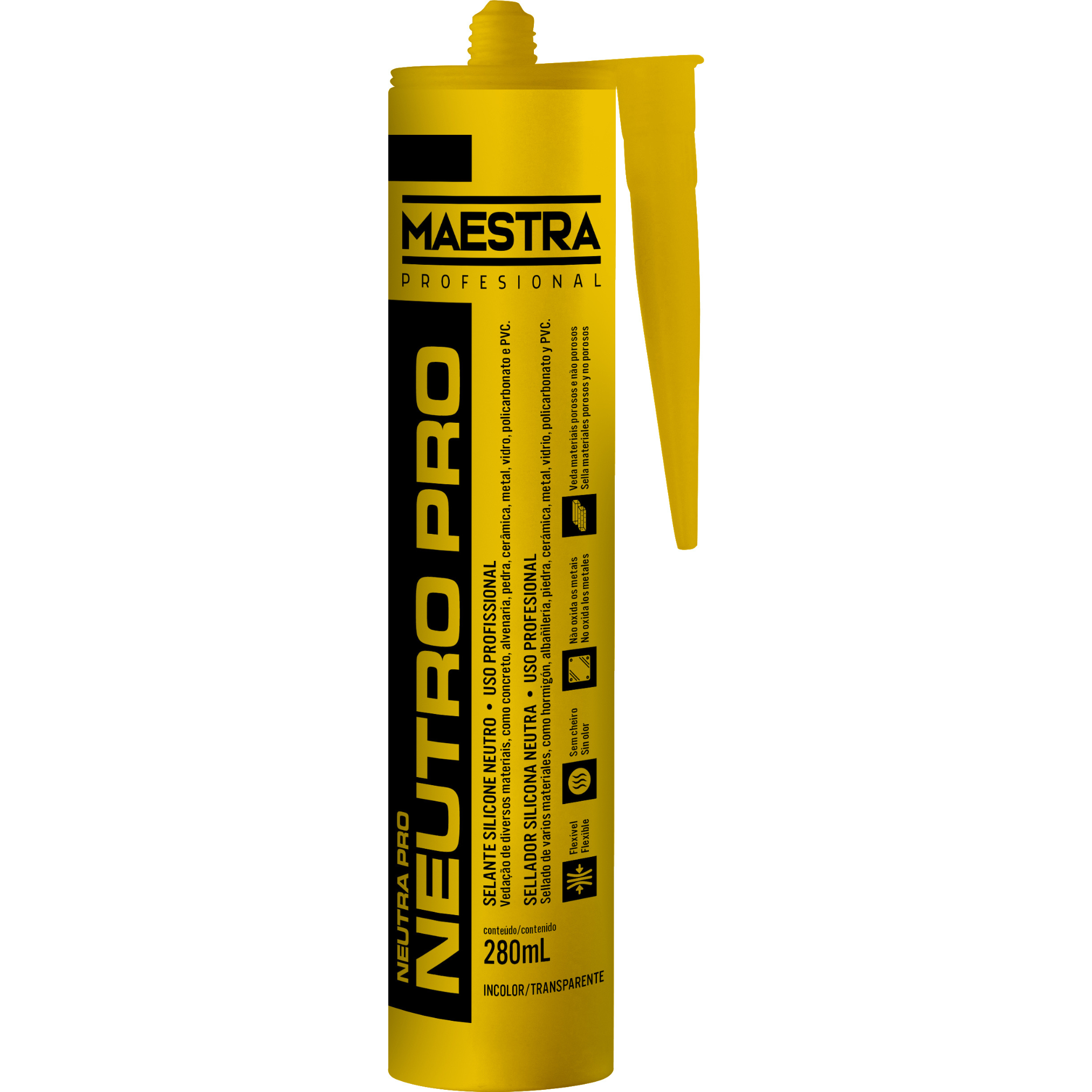 Silicone neutro Maestra, selante flexível e resistente, indicado para vedação e colagem em superfícies delicadas como vidro, alumínio e cerâmica, sem corrosão.