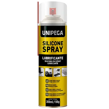 Spray silicone Unipega, lubrificante e protetor para superfícies metálicas e plásticas, ideal para reduzir atrito, proteger contra umidade e evitar desgaste.